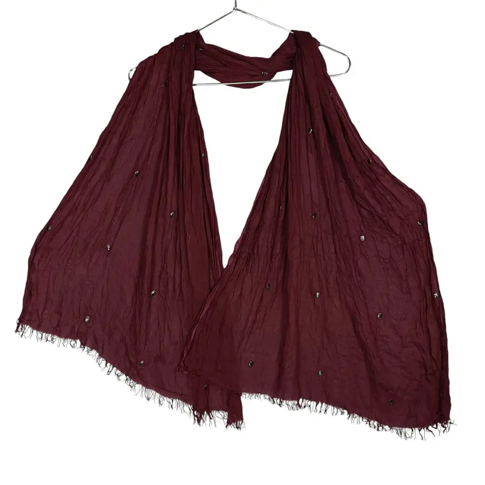 Burgundy Scarf with Tiny Metal Skulls Allover 28